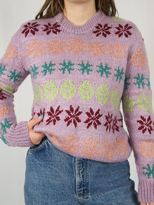 Pink Leaf & Snowflake Jumper - M