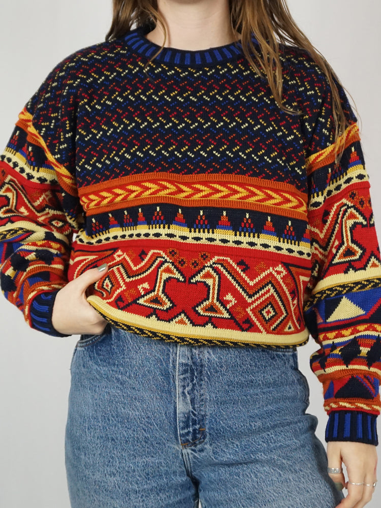 Navy Red Patterned Jumper - L