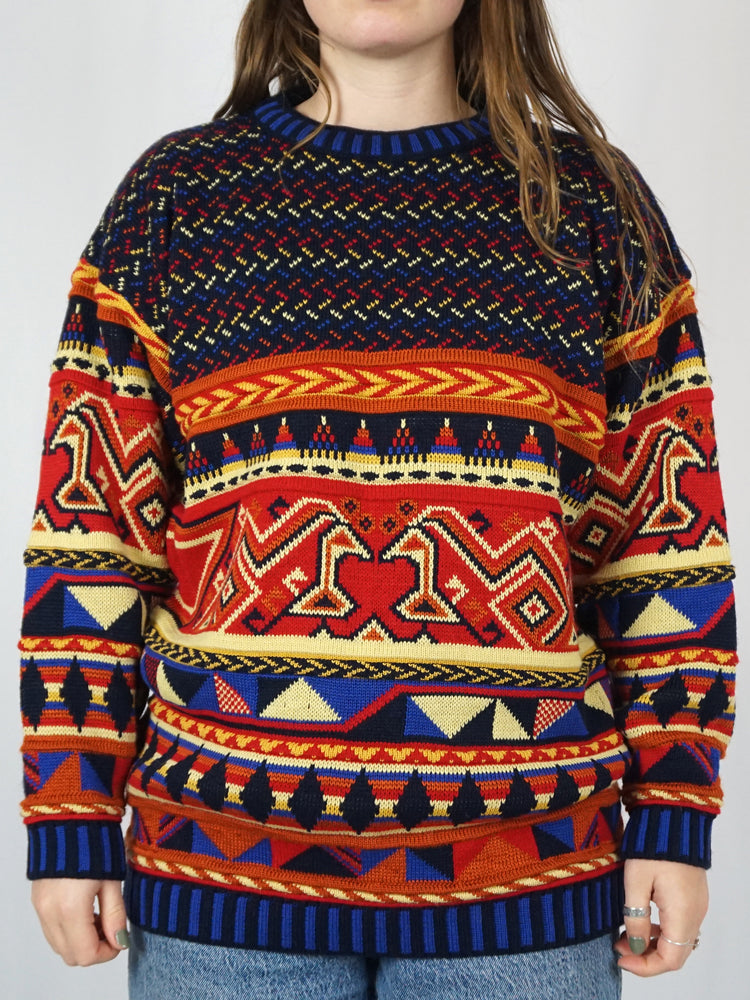 Navy Red Patterned Jumper - L