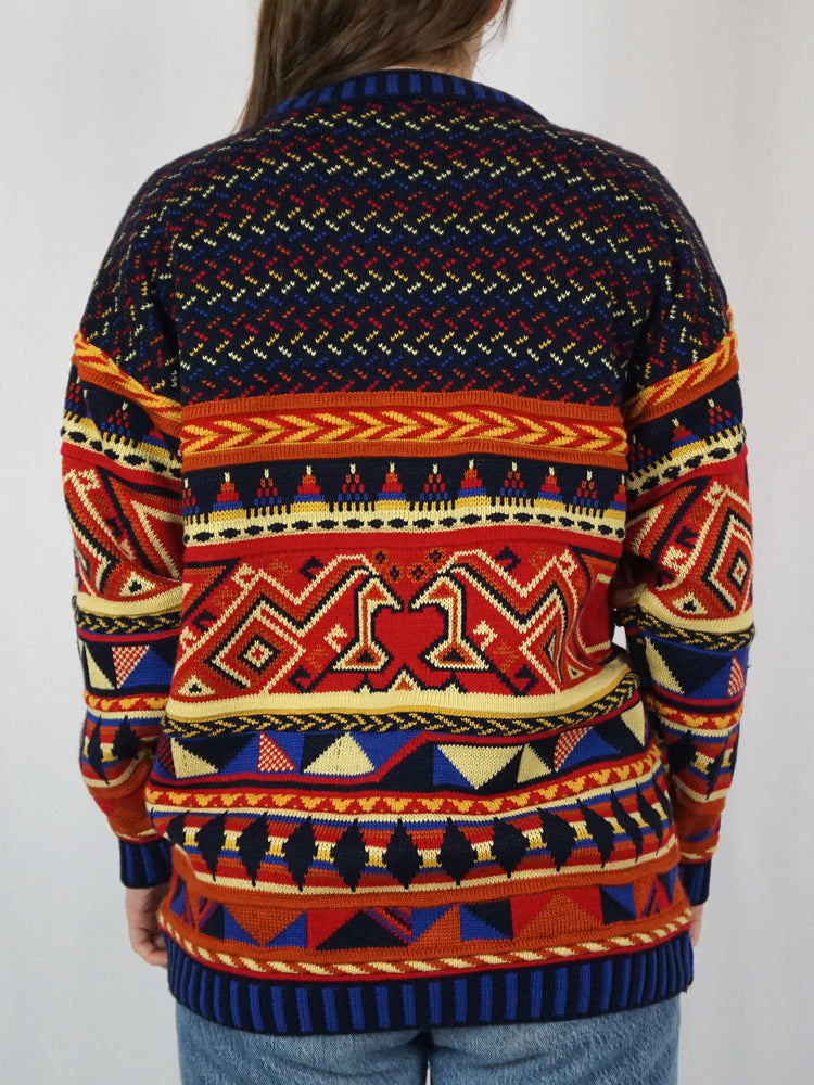 Navy Red Patterned Jumper - L