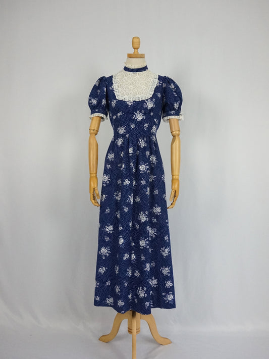 Navy Floral Cotton Prairie Dress - XS