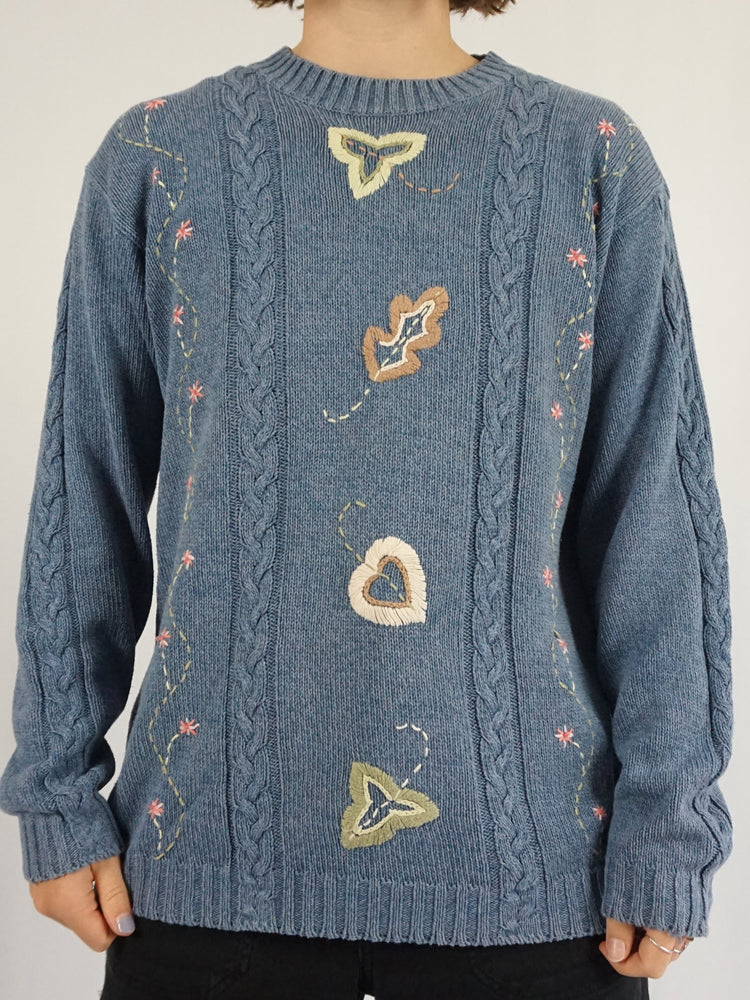 Leaf Embroidered Cotton Jumper - M/L