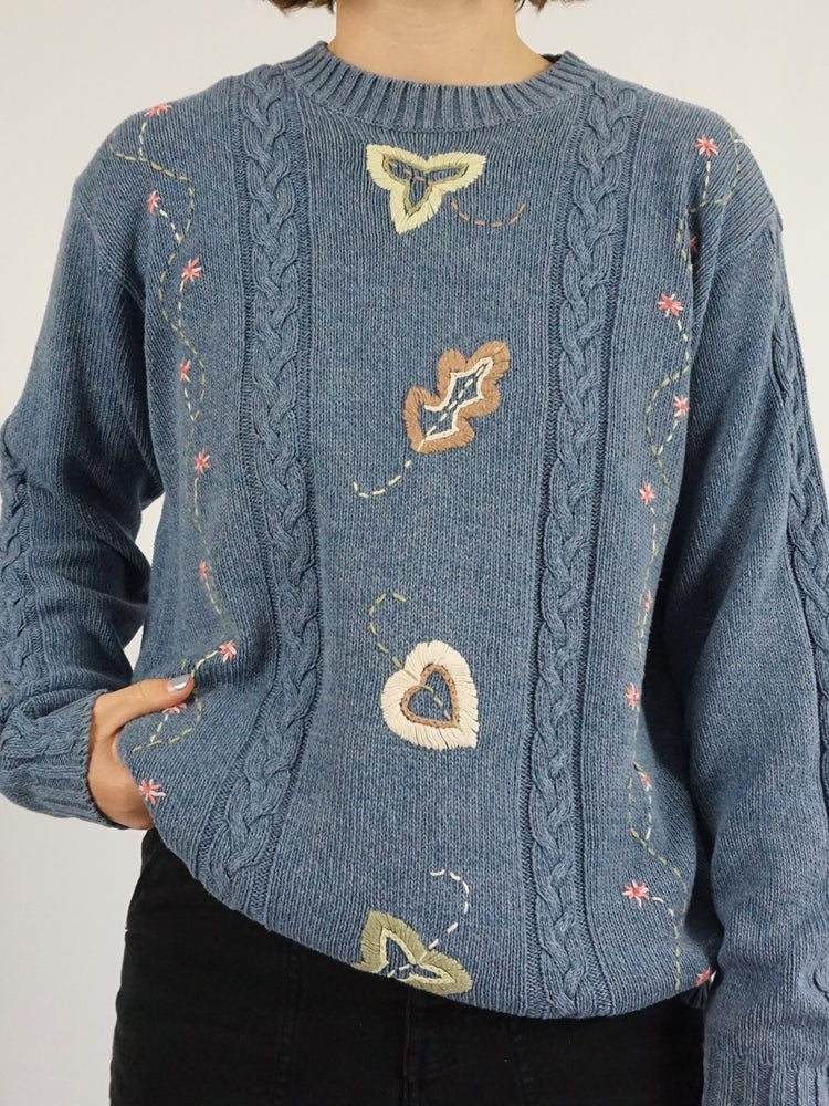 Leaf Embroidered Cotton Jumper - M/L