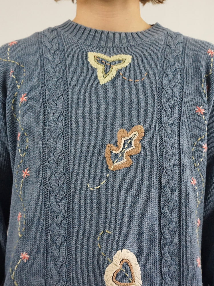 Leaf Embroidered Cotton Jumper - M/L