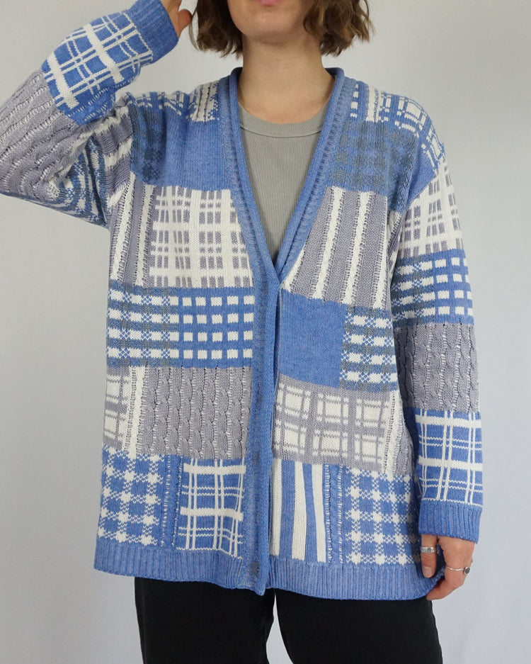 Blue Cotton Patchwork Cardigan - XL