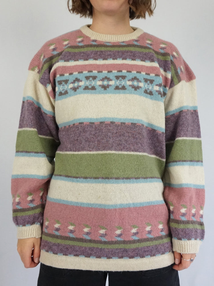 Pink & Green Wool Patterned Jumper - M