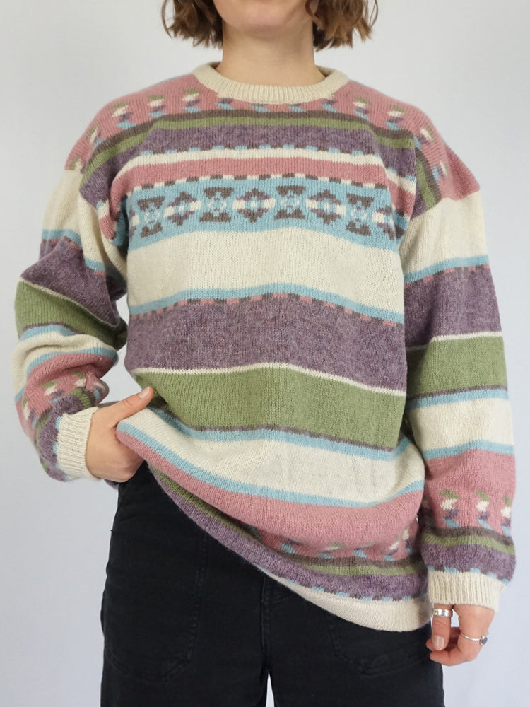 Pink & Green Wool Patterned Jumper - M