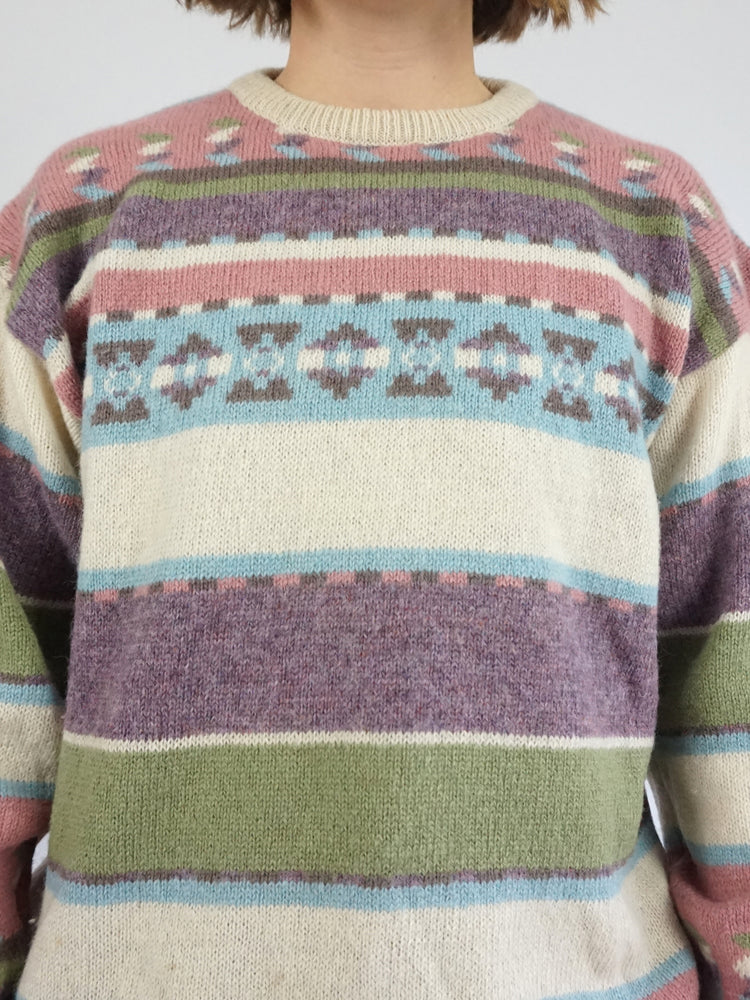 Pink & Green Wool Patterned Jumper - M