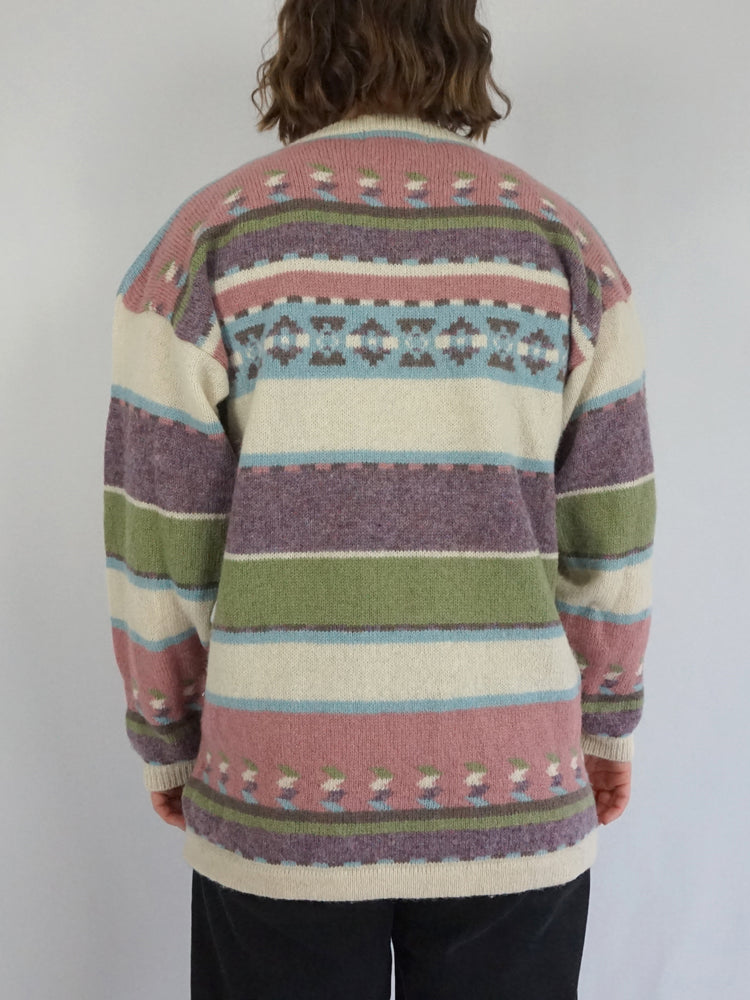 Pink & Green Wool Patterned Jumper - M