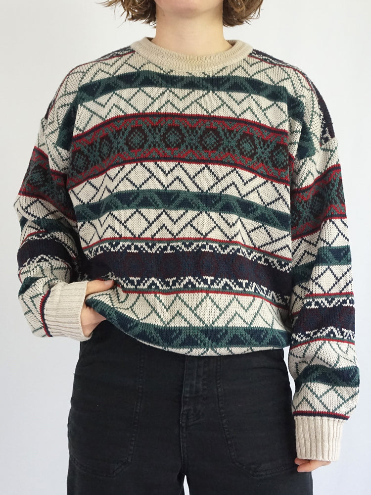 Green & White Patterned Jumper - L