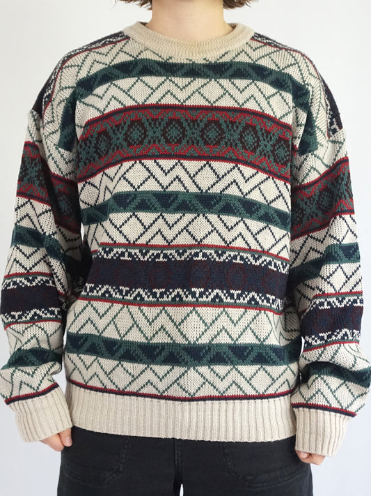 Green & White Patterned Jumper - L