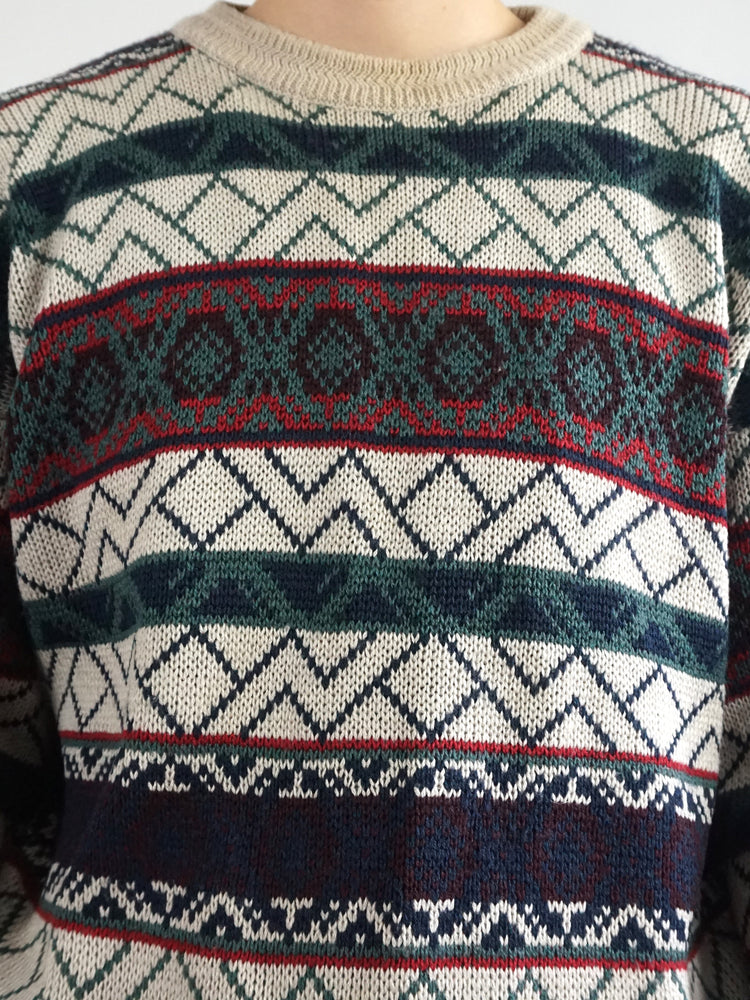 Green & White Patterned Jumper - L