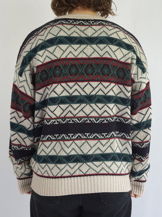 Green & White Patterned Jumper - L