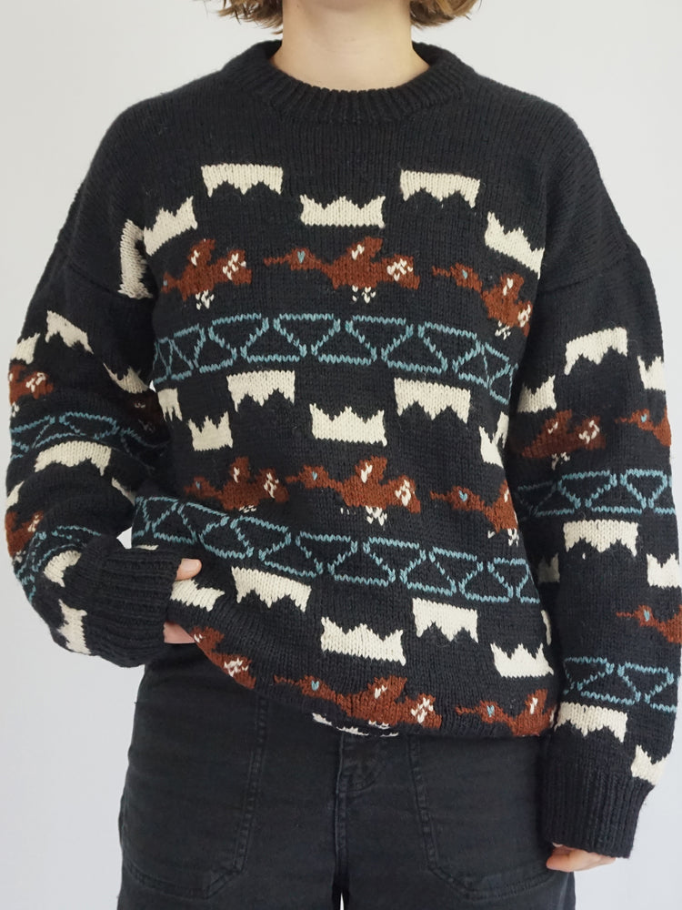 Black Bird Patterned Jumper - L