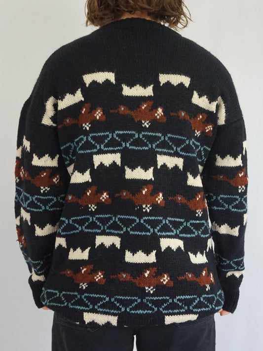 Black Bird Patterned Jumper - L