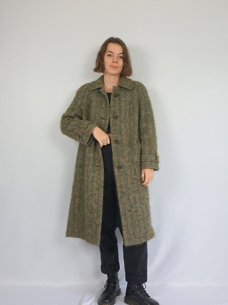 Green & Brown Herringbone Trench Coat - M