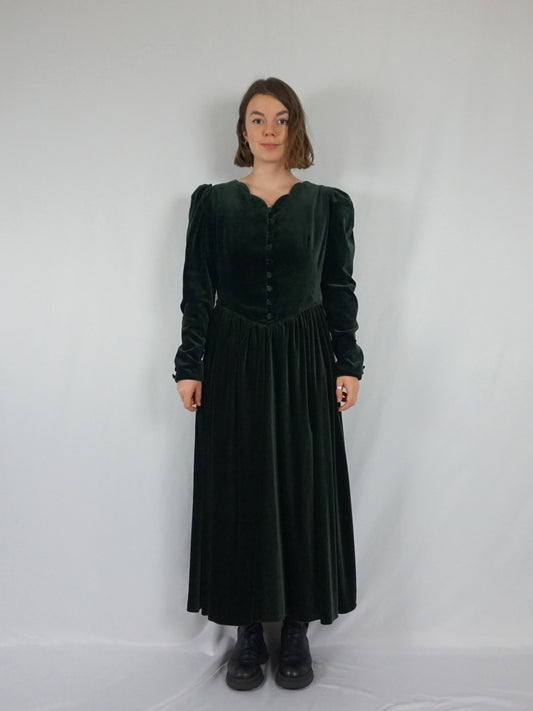 Bottle Green Laura Ashley Velvet Dress - L