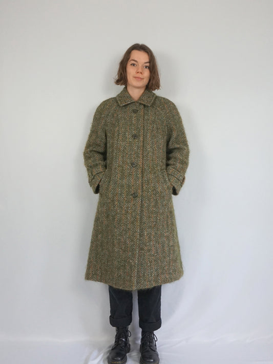 Green & Brown Herringbone Trench Coat - M