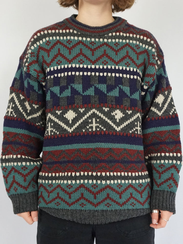 Purple, Teal & Burgundy Patterned Jumper - L