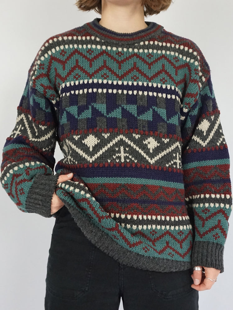 Purple, Teal & Burgundy Patterned Jumper - L