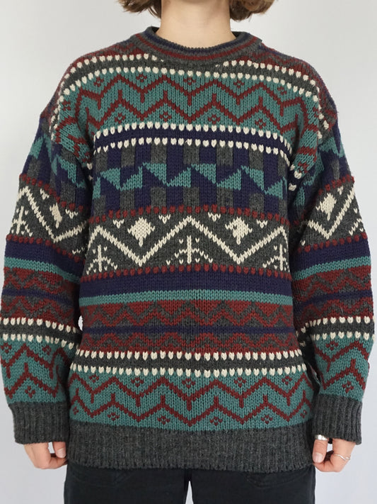 Purple, Teal & Burgundy Patterned Jumper - L