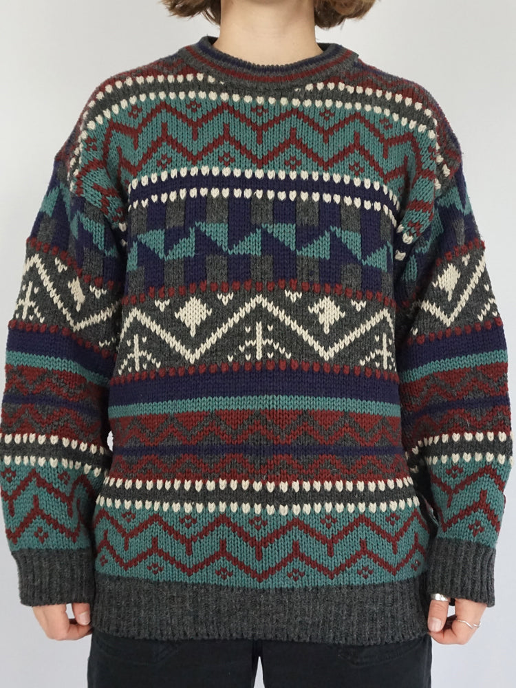 Purple, Teal & Burgundy Patterned Jumper - L