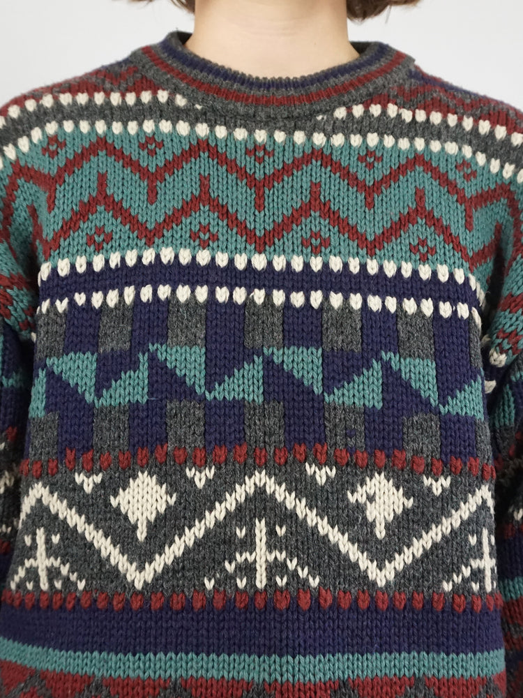 Purple, Teal & Burgundy Patterned Jumper - L