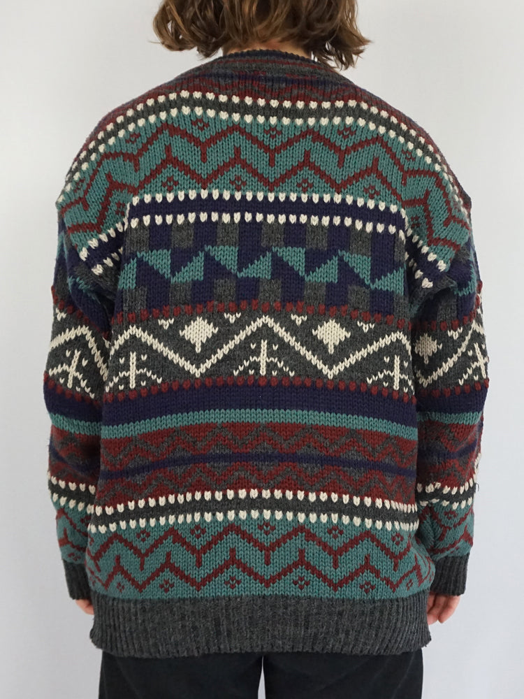 Purple, Teal & Burgundy Patterned Jumper - L