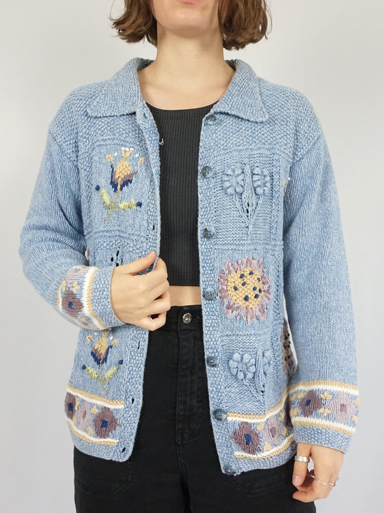 Baby Blue Embroidered Cardigan - S