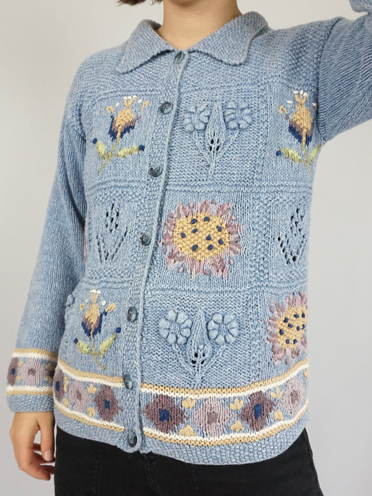 Baby Blue Embroidered Cardigan - S