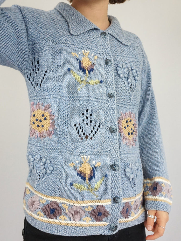 Baby Blue Embroidered Cardigan - S