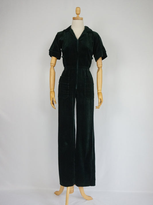 Bottle Green Velvet Jumpsuit - XS