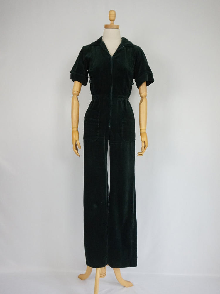 Bottle Green Velvet Jumpsuit - XS