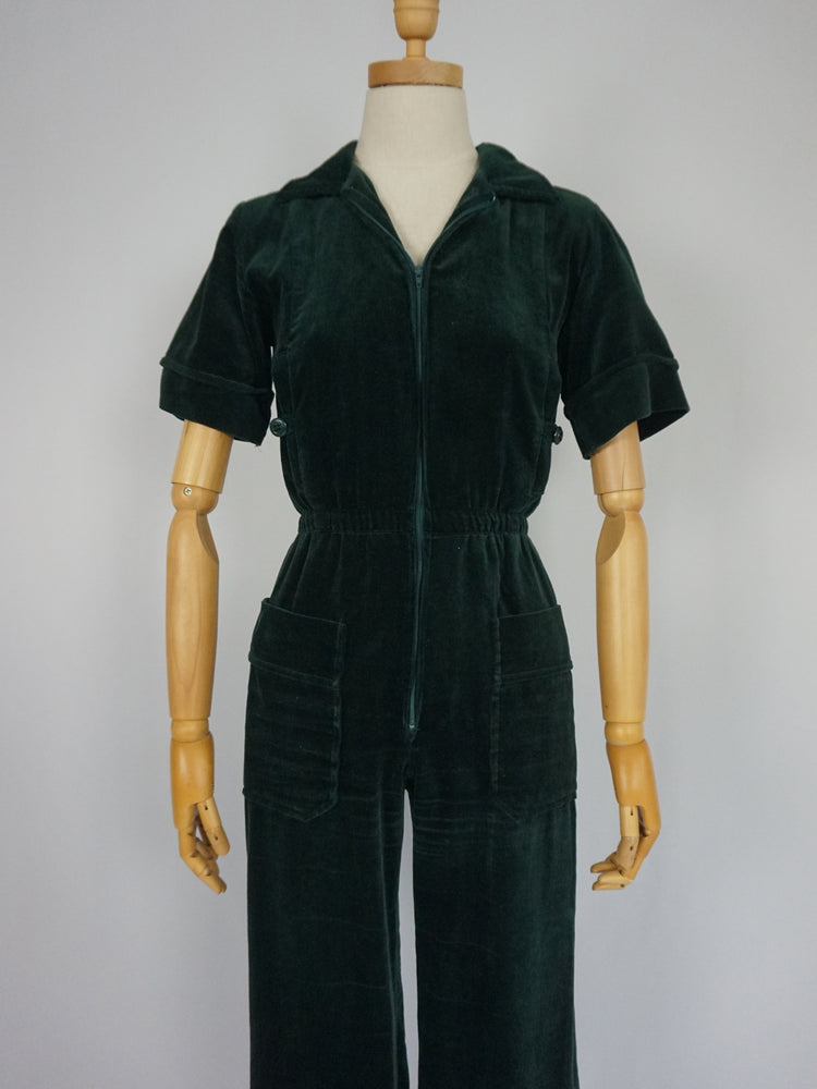 Bottle Green Velvet Jumpsuit - XS