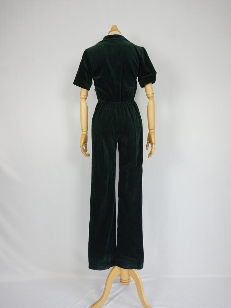 Bottle Green Velvet Jumpsuit - XS