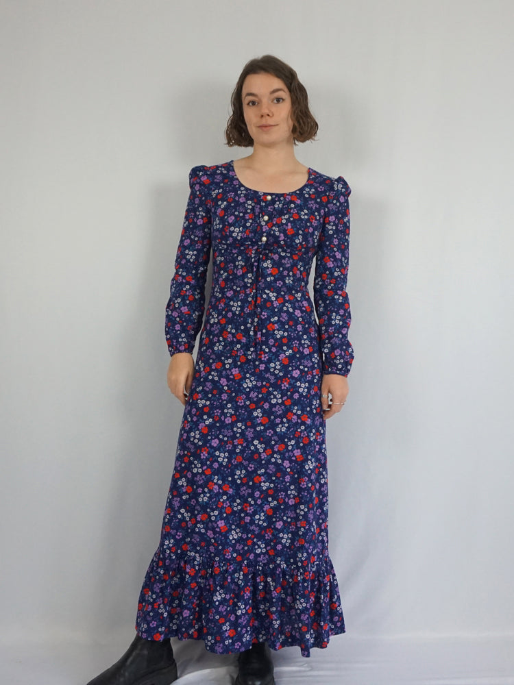 Navy Ditsy Floral Cotton Dress - S