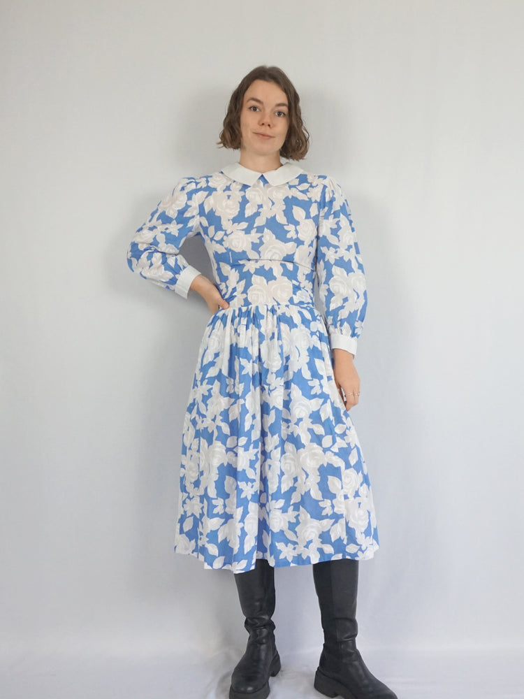 Light Blue Floral Cotton Dress - S