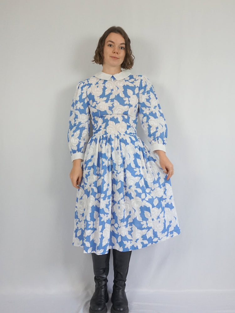 Light Blue Floral Cotton Dress - S