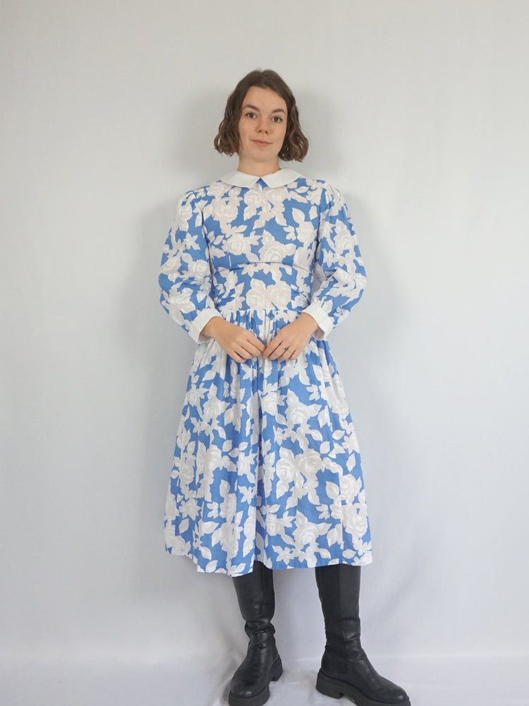 Light Blue Floral Cotton Dress - S