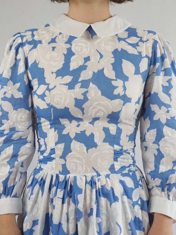 Light Blue Floral Cotton Dress - S