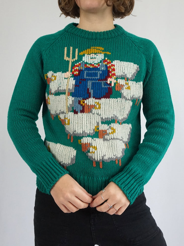 Green Shepherd & Sheep Jumper - S