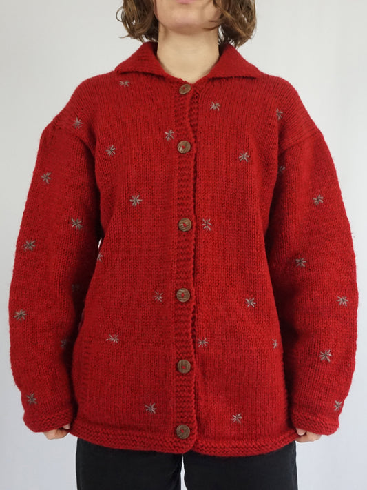 Red Pachamama Embroidered Cardigan - XL