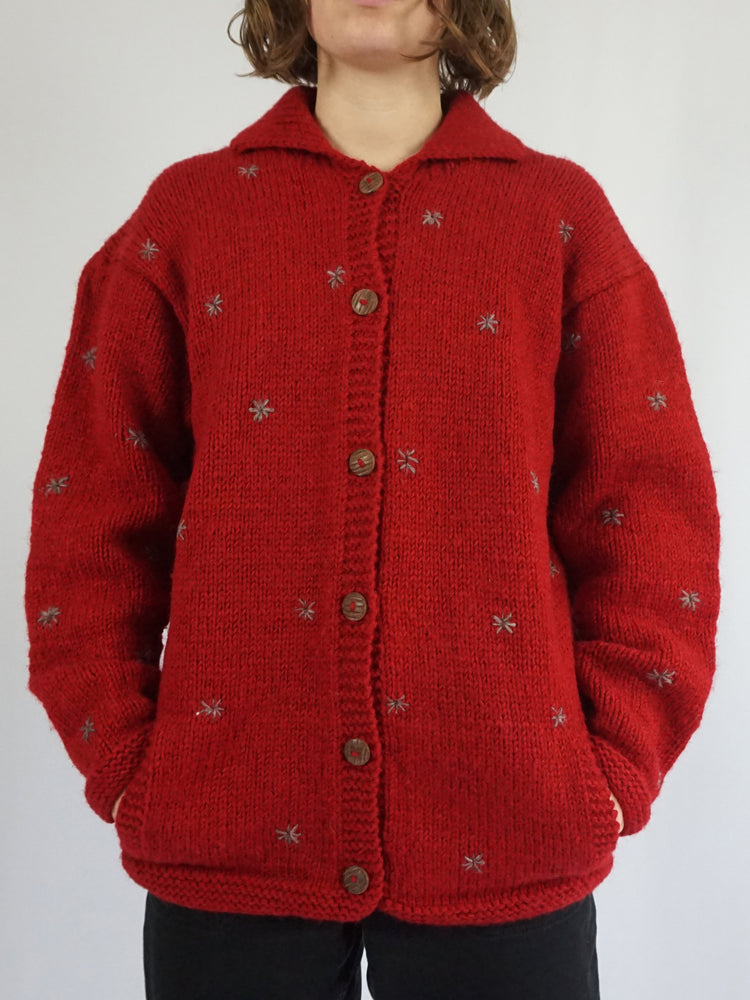 Red Pachamama Embroidered Cardigan - XL