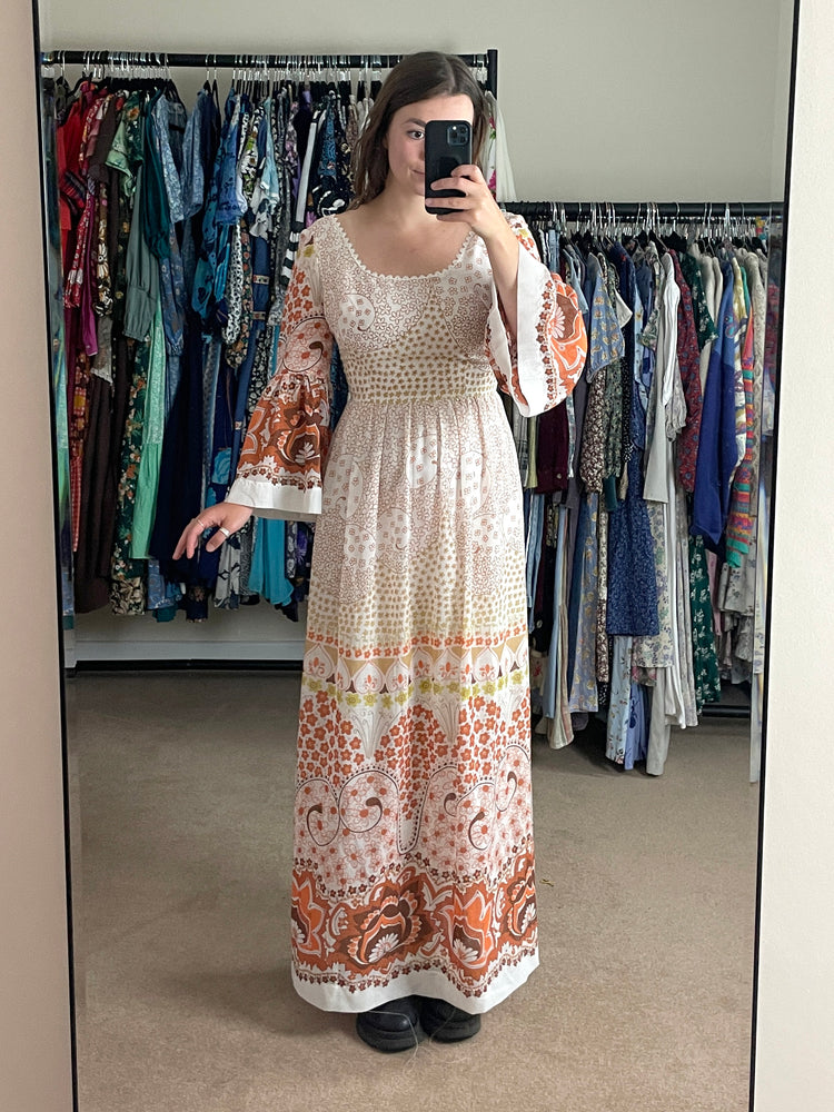 Orange Floral Trumpet Sleeve Maxi Dress - S