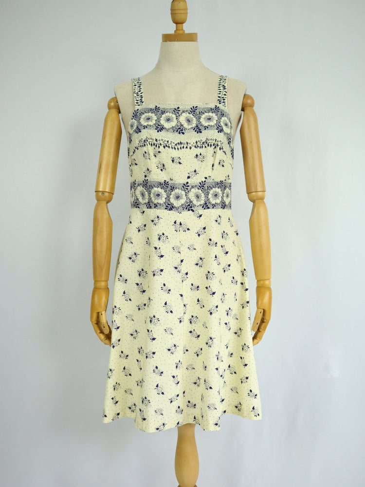 White & Navy Floral Cotton Dress - XS