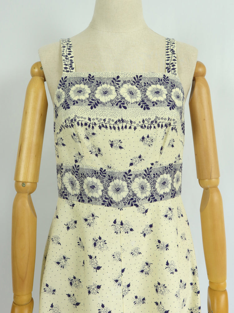 White & Navy Floral Cotton Dress - XS