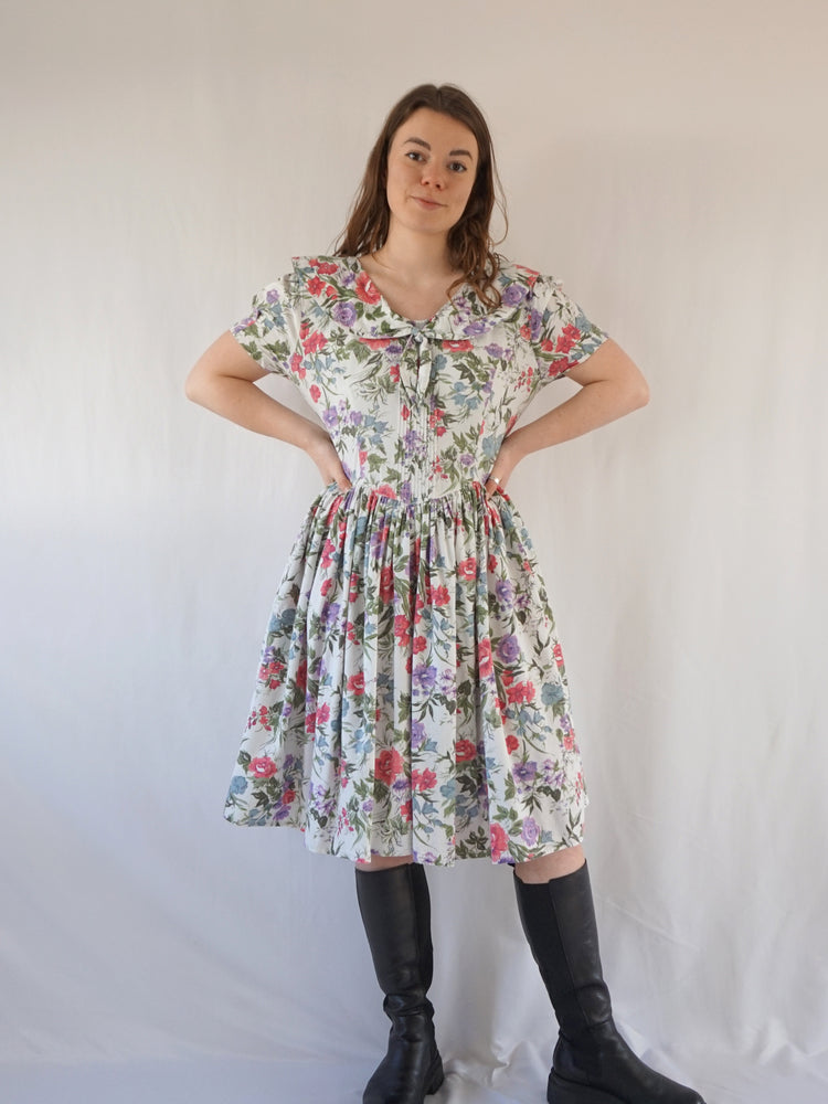 Floral Sailor Style Collar Dress - M