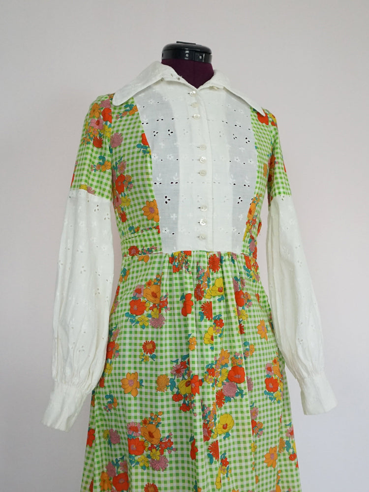 Colourful Gingham Floral Prairie Dress - XS