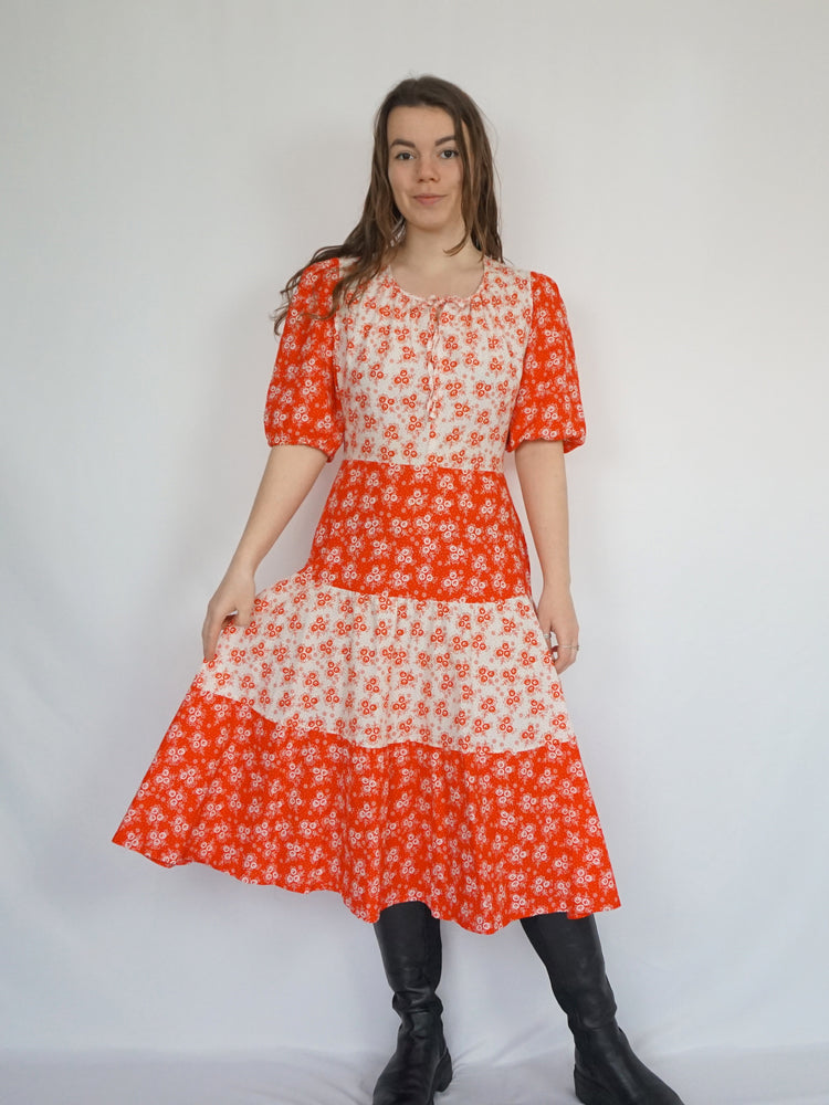 Tiered Ditsy Floral Cotton Dress - M