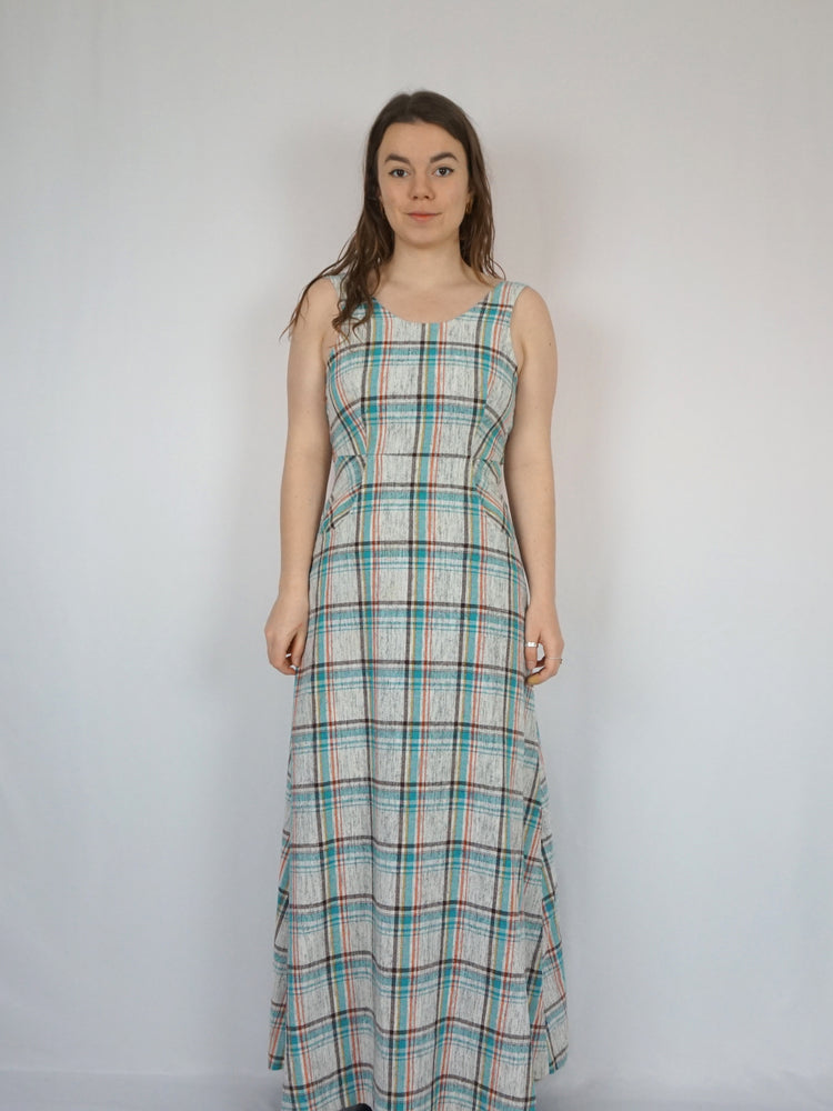 Blue White Checkered Maxi Dress - XS